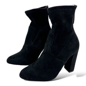 Black Steve Madden Brisk Suede Almond Toe Chunky Heeled Sock Bootie Zip Sz 5.5